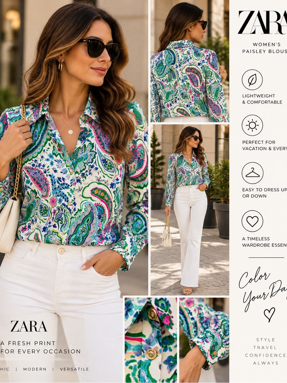 ZARA Paisley Button-Down Blouse in Green, Blue & Pink